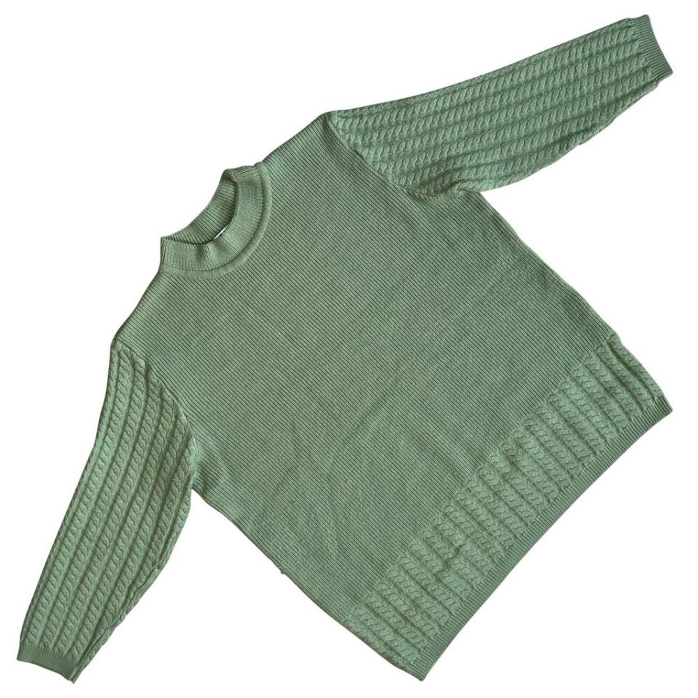 Création Atelier GP (Germany) Cable Knit Wool Pullover Green (James Galanos) : L